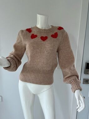 Wilfred wool Cashmere Crewneck Sweater red heart motif puff sleeves feminine